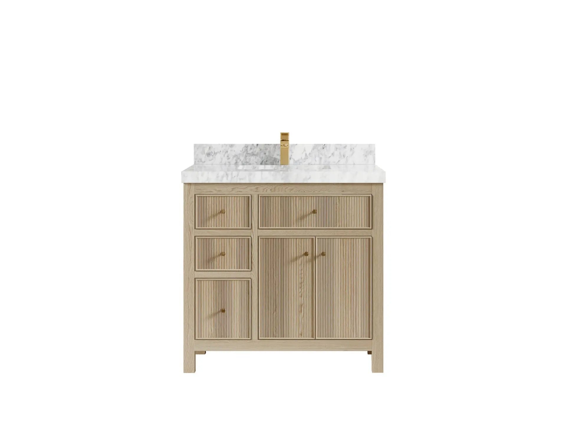 Sonoma Oak 36 in. W x 22 in. D Center Sink Bathroom Vanity in Dark Natural with 2 in. Carrara Marble Countertop