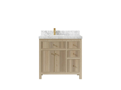 Sonoma Oak 36 in. W x 22 in. D Left Offset Sink Bathroom Vanity in Dark Natural with 2 in. Carrara Marble Countertop