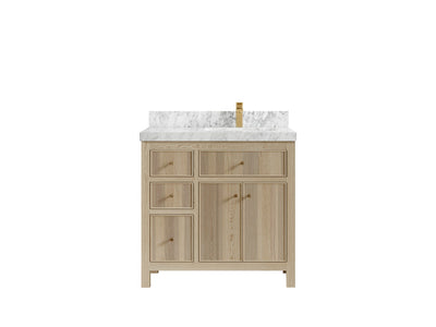 Sonoma Oak 36 in. W x 22 in. D Right Offset Sink Bathroom Vanity in Dark Natural with 2 in. Carrara Marble Countertop