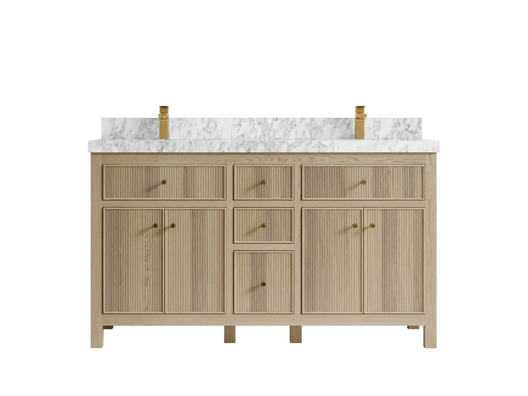 Sonoma Oak 60 in. W x 22 in. D Double Sink Bathroom Vanity in Dark Natural with 2 in. Carrara Marble Countertop