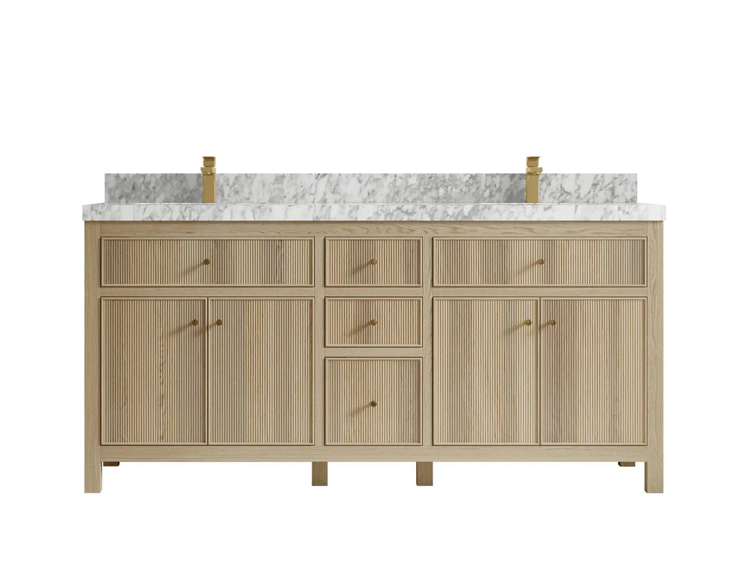 Sonoma Oak 72 in. W x 22 in. D Double Sink Bathroom Vanity in Dark Natural with 2 in. Carrara Marble Countertop