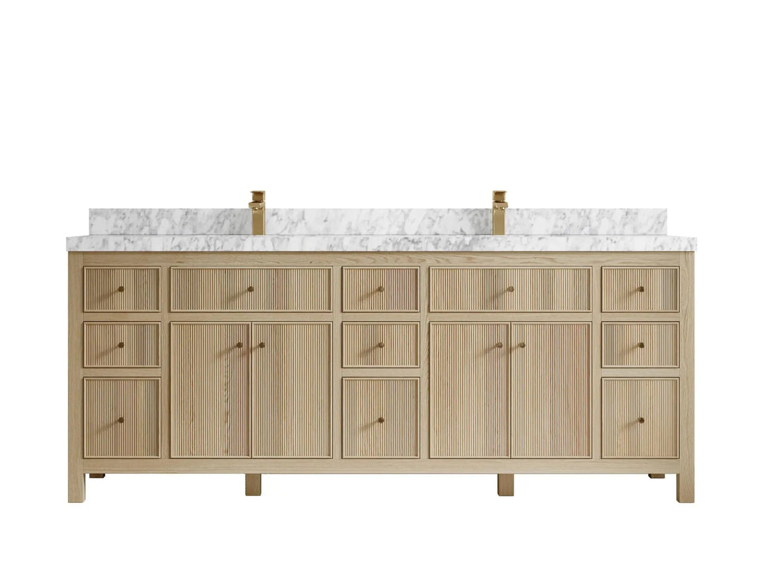 Sonoma Oak 84 in. W x 22 in. D Double Sink Bathroom Vanity in Dark Natural with 2 in. Carrara Marble Countertop