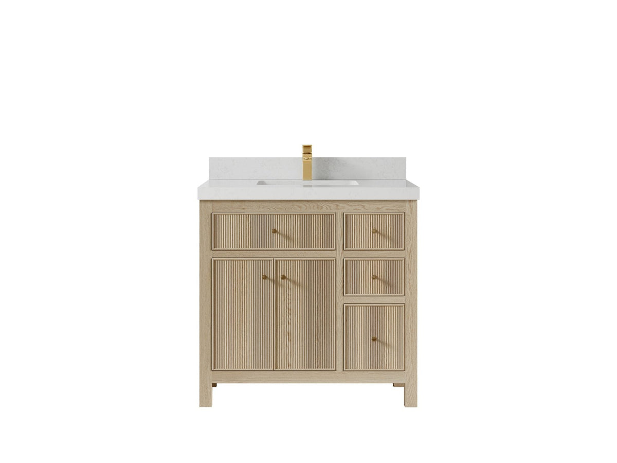 Sonoma Oak 36 in. W x 22 in. D Center Sink Bathroom Vanity in Dark Natural with 2 in. Carrara Quartz Countertop