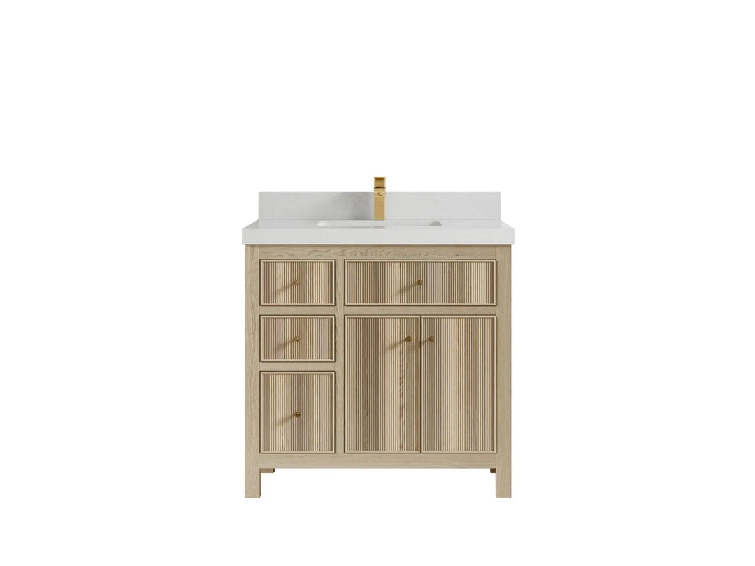 Sonoma Oak 36 in. W x 22 in. D Center Sink Bathroom Vanity in Dark Natural with 2 in. Carrara Quartz Countertop