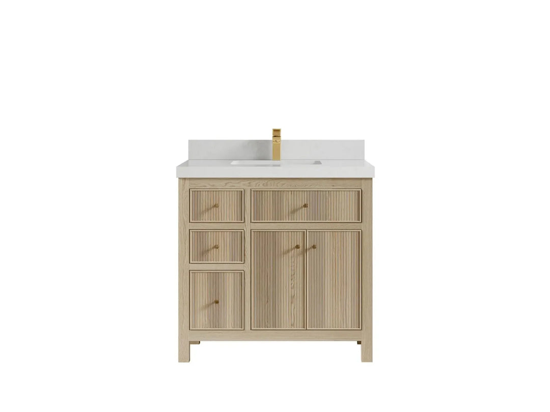 Sonoma Oak 36 in. W x 22 in. D Center Sink Bathroom Vanity in Dark Natural with 2 in. Carrara Quartz Countertop
