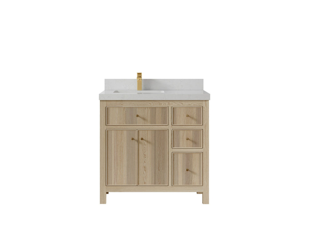 Sonoma Oak 36 in. W x 22 in. D Left Offset Sink Bathroom Vanity in Dark Natural with 2 in. Carrara Quartz Countertop