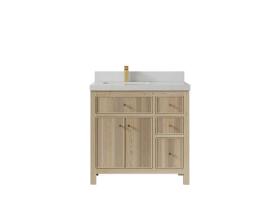 Sonoma Oak 36 in. W x 22 in. D Left Offset Sink Bathroom Vanity in Dark Natural with 2 in. Carrara Quartz Countertop