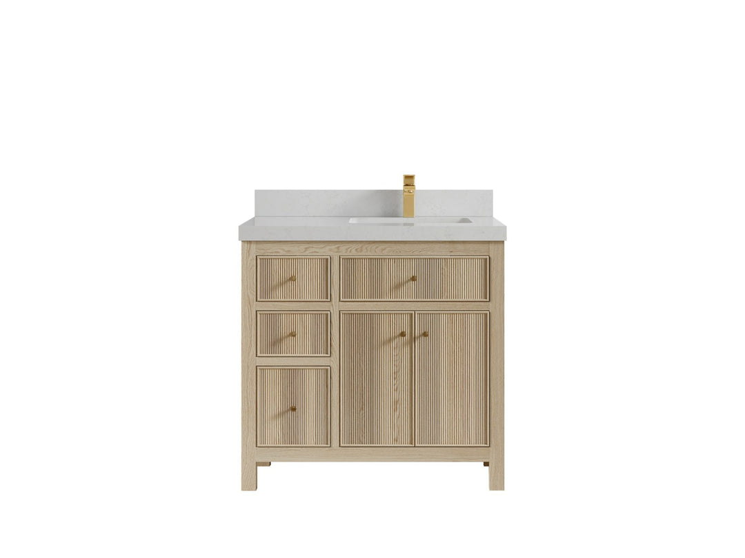 Sonoma Oak 36 in. W x 22 in. D Right Offset Sink Bathroom Vanity in Dark Natural with 2 in. Carrara Quartz Countertop