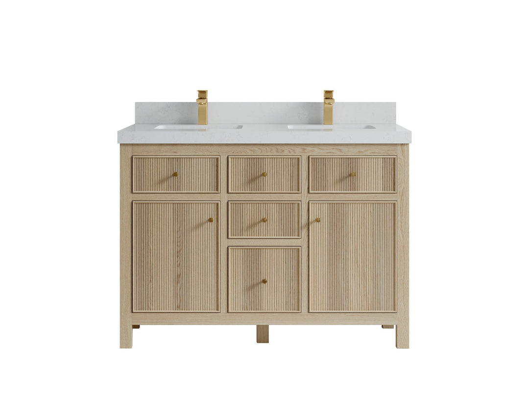 Sonoma Oak 48 in. W x 22 in. D Double Sink Bathroom Vanity in Dark Natural with 2 in. Carrara Quartz Countertop