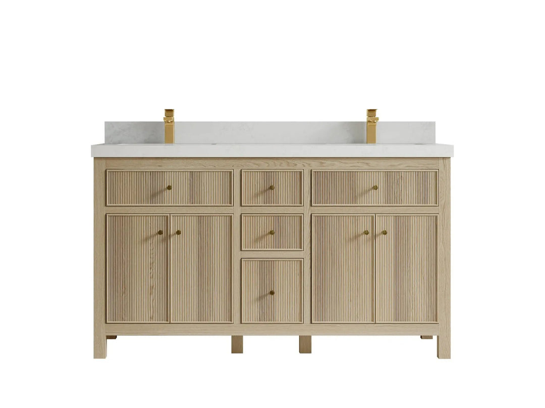 Sonoma Oak 60 in. W x 22 in. D Double Sink Bathroom Vanity in Dark Natural with 2 in. Carrara Quartz Countertop