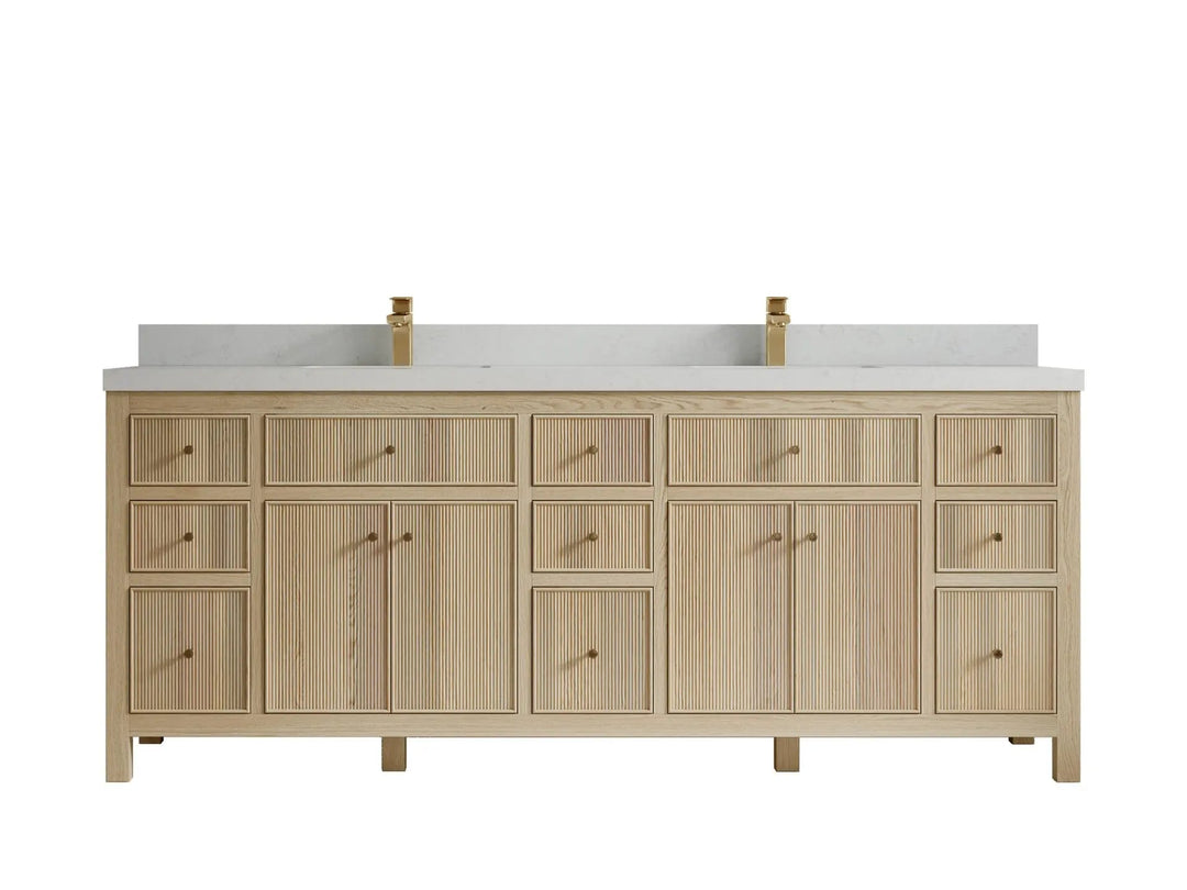 Sonoma Oak 84 in. W x 22 in. D Double Sink Bathroom Vanity in Dark Natural with 2 in. Carrara Quartz Countertop