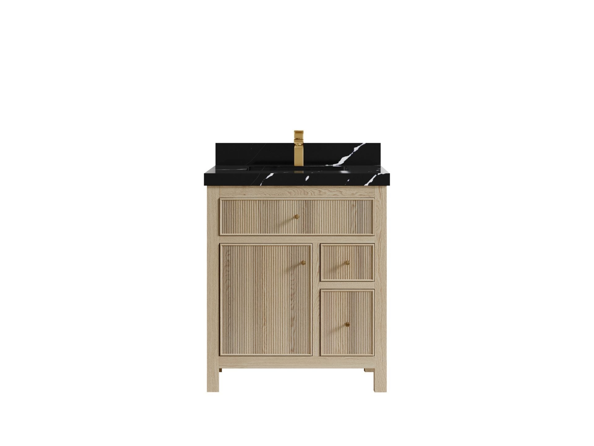 Sonoma 30-inch reeded single-sink bathroom vanity in Nordic White Oak with Calacatta Black quartz countertop and gold faucet, front view