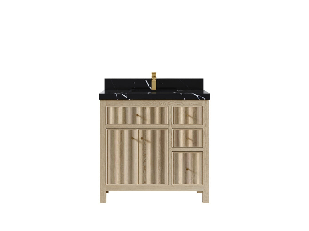 Sonoma Oak 36 in. W x 22 in. D Center Sink Bathroom Vanity in Dark Natural with 2 in. Calacatta Black Quartz Countertop