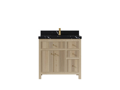 Sonoma Oak 36 in. W x 22 in. D Center Sink Bathroom Vanity in Dark Natural with 2 in. Calacatta Black Quartz Countertop