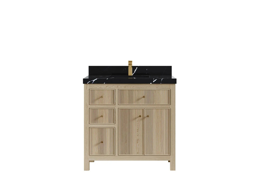 Sonoma Oak 36 in. W x 22 in. D Center Sink Bathroom Vanity in Dark Natural with 2 in. Calacatta Black Quartz Countertop