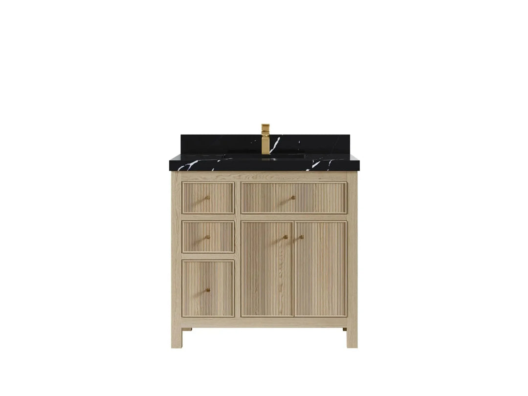 Sonoma Oak 36 in. W x 22 in. D Center Sink Bathroom Vanity in Dark Natural with 2 in. Calacatta Black Quartz Countertop