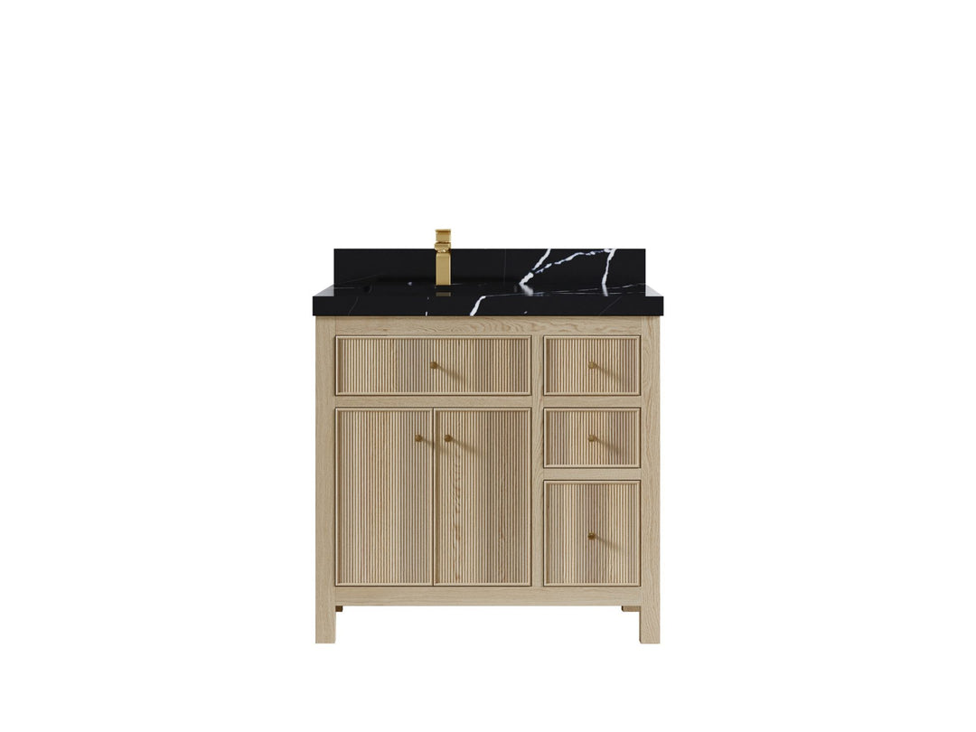 Sonoma Oak 36 in. W x 22 in. D Left Offset Sink Bathroom Vanity in Dark Natural with 2 in. Calacatta Black Quartz Countertop
