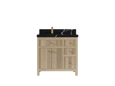 Sonoma Oak 36 in. W x 22 in. D Left Offset Sink Bathroom Vanity in Dark Natural with 2 in. Calacatta Black Quartz Countertop