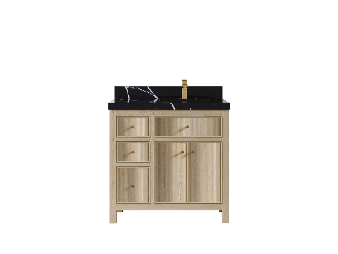 Sonoma Oak 36 in. W x 22 in. D Right Offset Sink Bathroom Vanity in Dark Natural with 2 in. Calacatta Black Quartz Countertop