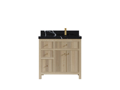 Sonoma Oak 36 in. W x 22 in. D Right Offset Sink Bathroom Vanity in Dark Natural with 2 in. Calacatta Black Quartz Countertop