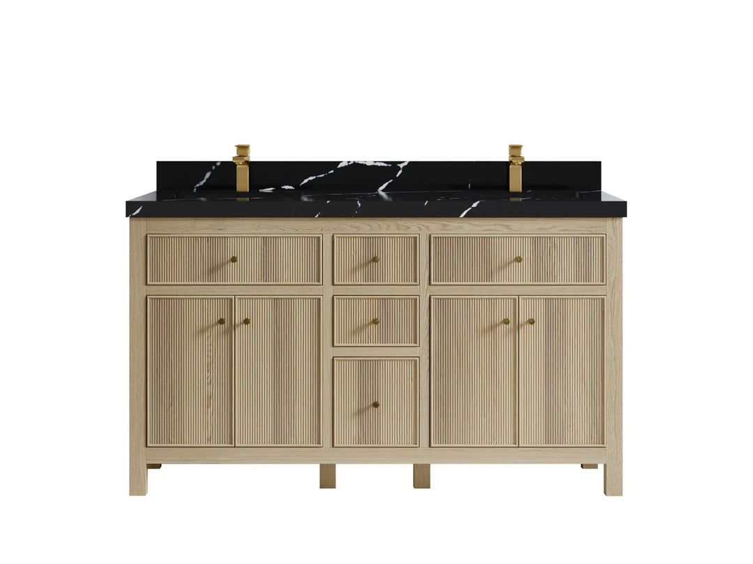 Sonoma Oak 60 in. W x 22 in. D Double Sink Bathroom Vanity in Dark Natural with 2 in. Calacatta Black Quartz Countertop