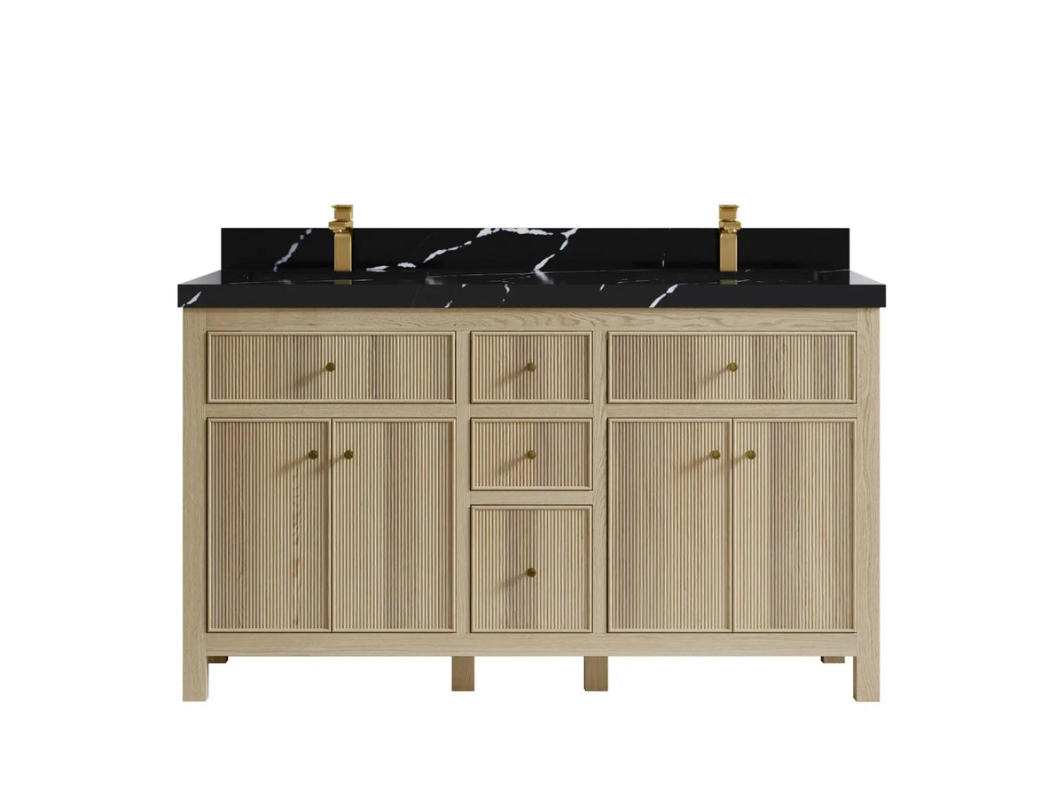 Sonoma Oak 60 in. W x 22 in. D Double Sink Bathroom Vanity in Dark Natural with 2 in. Calacatta Black Quartz Countertop