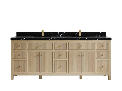 Sonoma Oak 84 in. W x 22 in. D Double Sink Bathroom Vanity in Dark Natural with 2 in. Calacatta Black Quartz Countertop