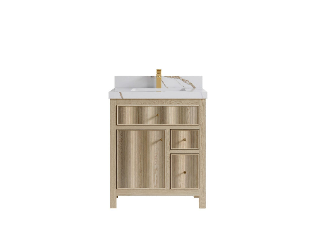Sonoma Oak 30 in. W x 22 in. D Single Sink Bathroom Vanity in Dark Natural with 2 in. Calacatta Gold Quartz Countertop