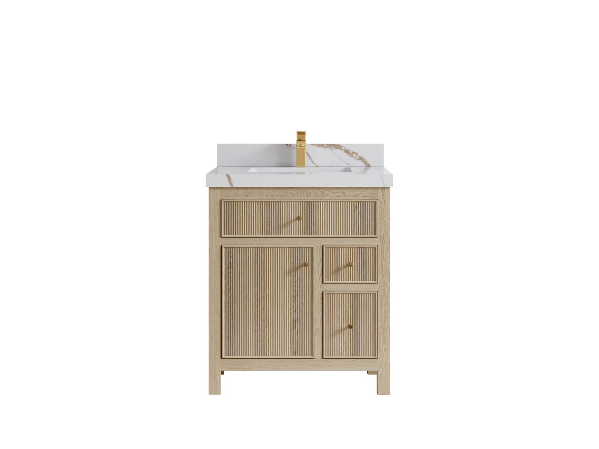 Sonoma 30-inch reeded single-sink bathroom vanity in Nordic White Oak with Calacatta Gold quartz countertop and gold faucet, front view