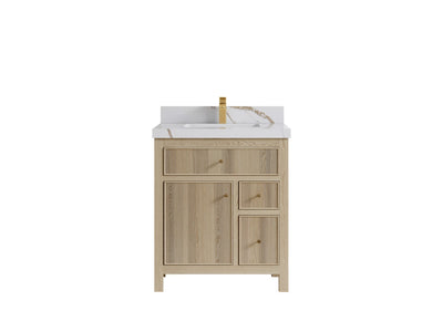 Sonoma 30-inch reeded single-sink bathroom vanity in Nordic White Oak with Calacatta Gold quartz countertop and gold faucet, front view