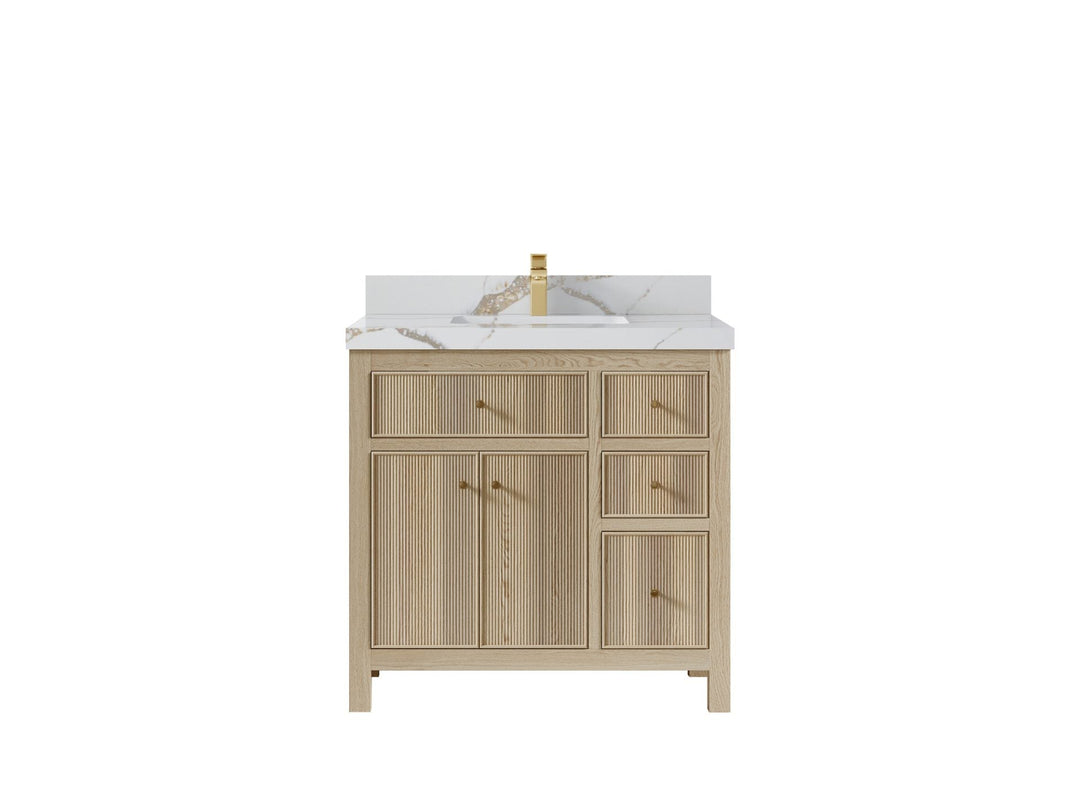 Sonoma Oak 36 in. W x 22 in. D Center Sink Bathroom Vanity in Dark Natural with 2 in. Calacatta Gold Quartz Countertop