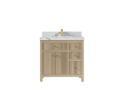 Sonoma Oak 36 in. W x 22 in. D Center Sink Bathroom Vanity in Dark Natural with 2 in. Calacatta Gold Quartz Countertop