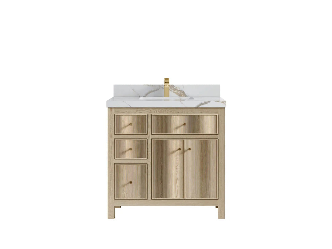 Sonoma Oak 36 in. W x 22 in. D Center Sink Bathroom Vanity in Dark Natural with 2 in. Calacatta Gold Quartz Countertop