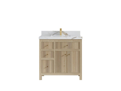 Sonoma Oak 36 in. W x 22 in. D Center Sink Bathroom Vanity in Dark Natural with 2 in. Calacatta Gold Quartz Countertop