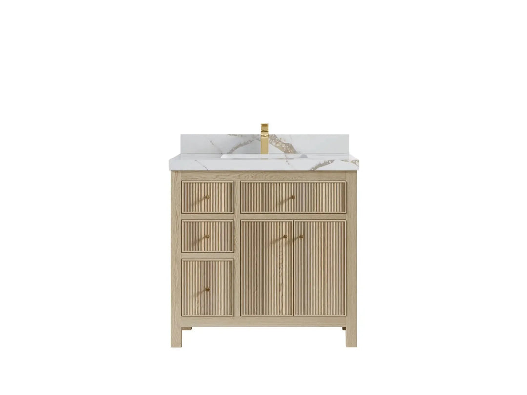 Sonoma Oak 36 in. W x 22 in. D Center Sink Bathroom Vanity in Dark Natural with 2 in. Calacatta Gold Quartz Countertop