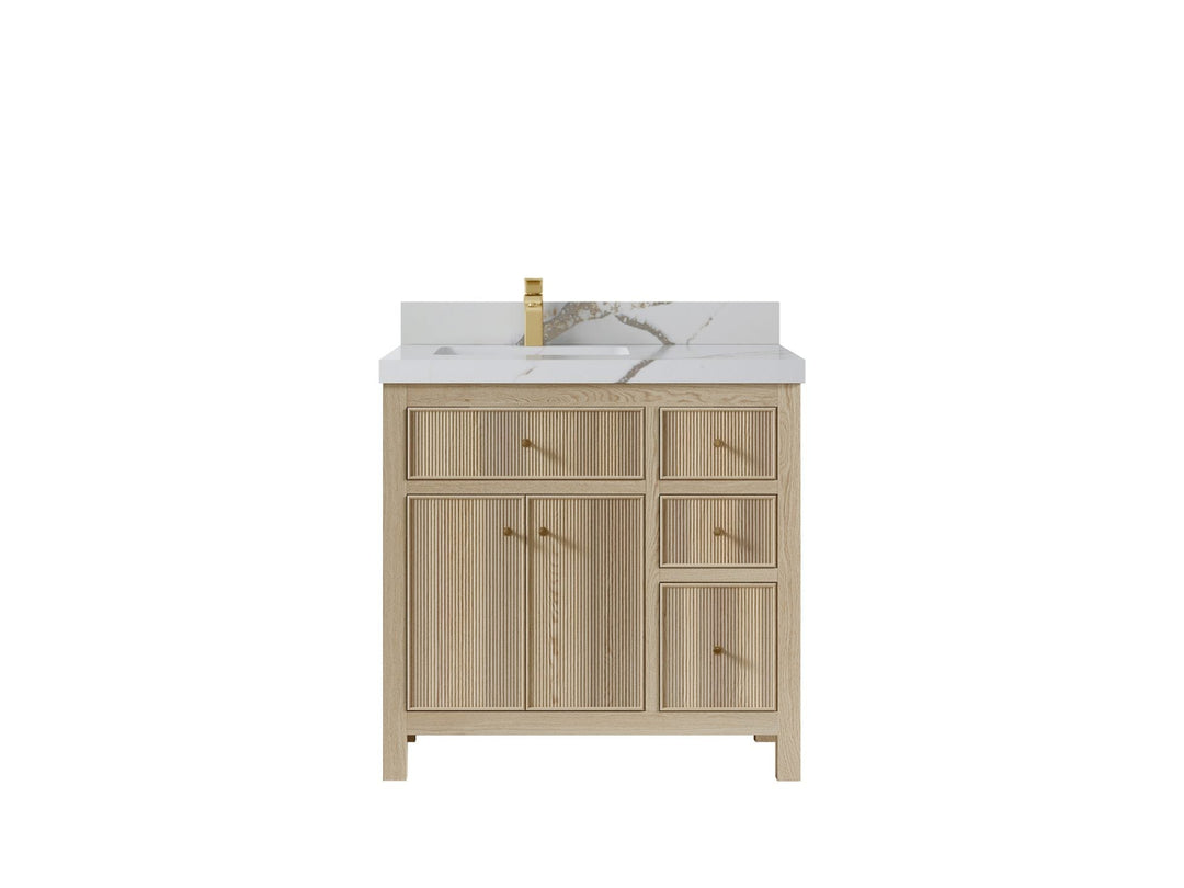 Sonoma Oak 36 in. W x 22 in. D Left Offset Sink Bathroom Vanity in Dark Natural with 2 in. Calacatta Gold Quartz Countertop