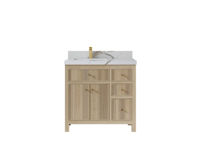 Sonoma Oak 36 in. W x 22 in. D Left Offset Sink Bathroom Vanity in Dark Natural with 2 in. Calacatta Gold Quartz Countertop