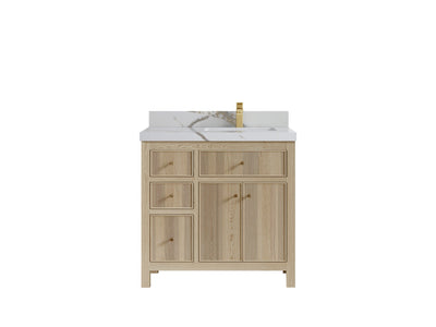 Sonoma Oak 36 in. W x 22 in. D Right Offset Sink Bathroom Vanity in Dark Natural with 2 in. Calacatta Gold Quartz Countertop