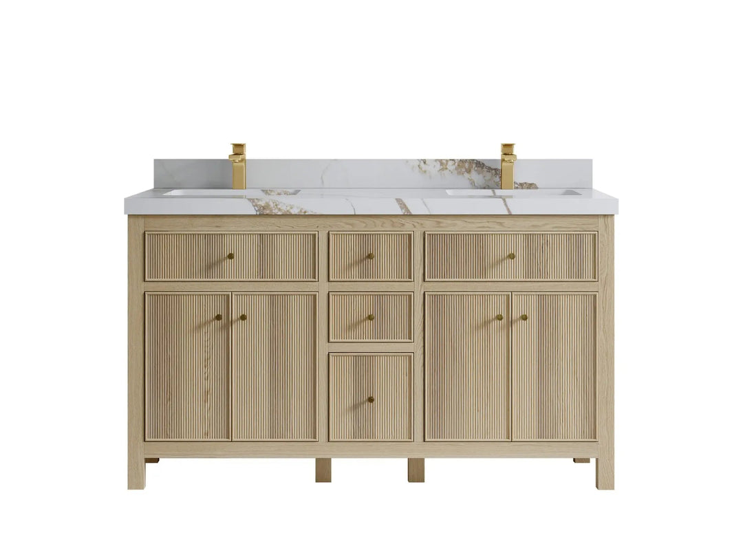 Sonoma Oak 60 in. W x 22 in. D Double Sink Bathroom Vanity in Dark Natural with 2 in. Calacatta Gold Quartz Countertop