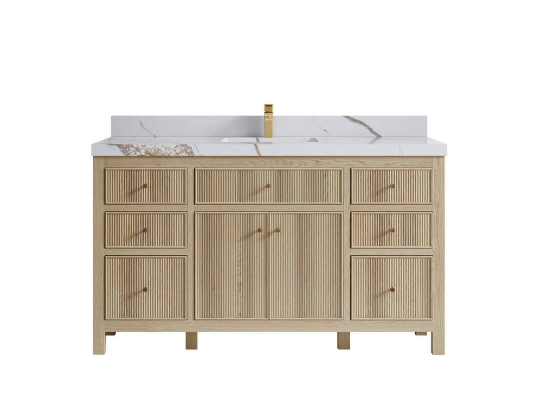Sonoma Oak 60 in. W x 22 in. D Single Sink Bathroom Vanity in Dark Natural with 2 in. Calacatta Gold Quartz Countertop