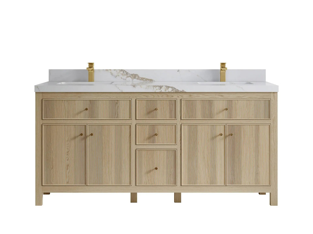 Sonoma Oak 72 in. W x 22 in. D Double Sink Bathroom Vanity in Dark Natural with 2 in. Calacatta Gold Quartz Countertop