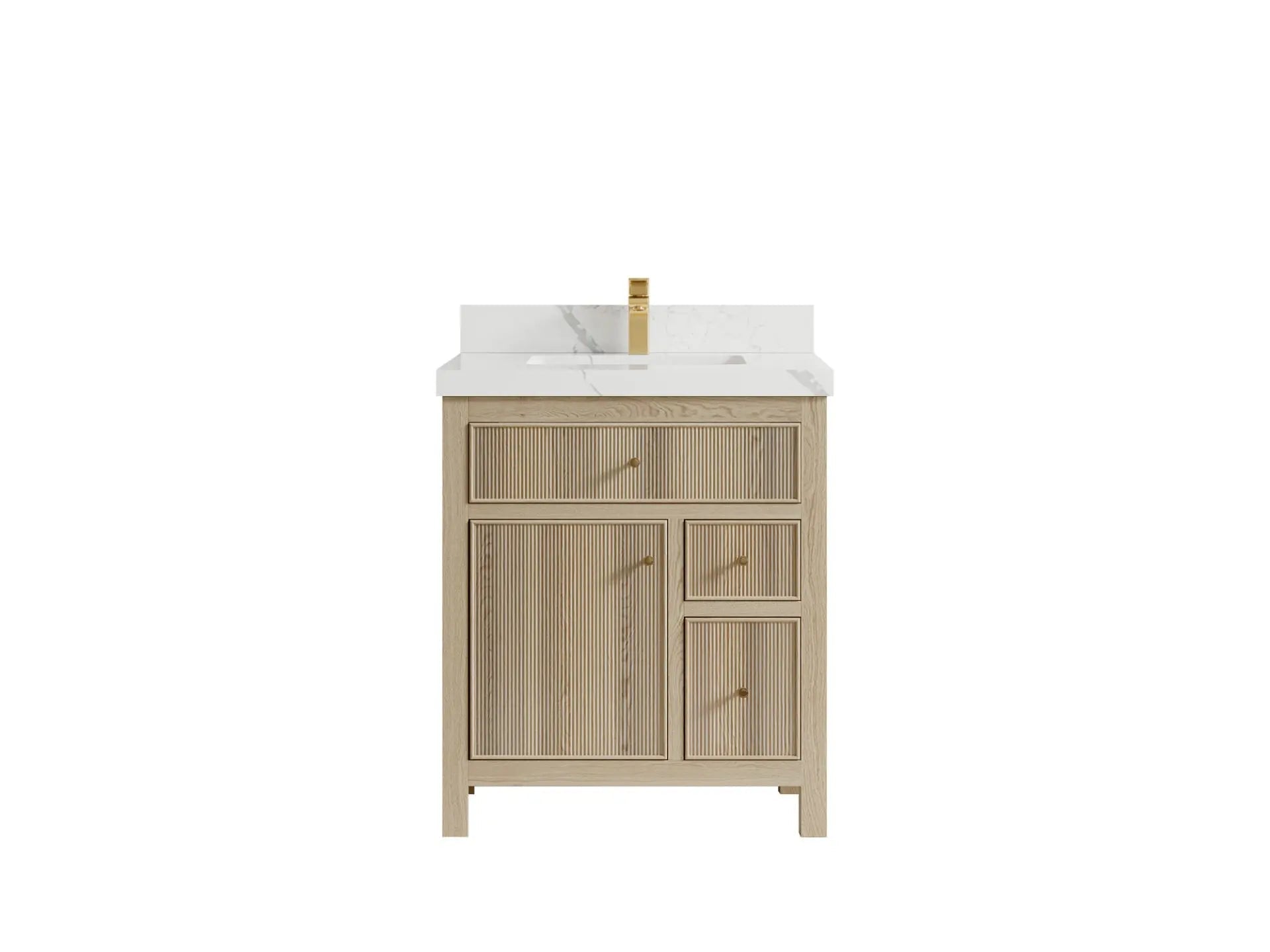 Sonoma 30-inch reeded single-sink bathroom vanity in Nordic White Oak with Calacatta Laza quartz countertop and gold faucet, front view