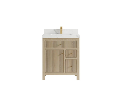 Sonoma 30-inch reeded single-sink bathroom vanity in Nordic White Oak with Calacatta Laza quartz countertop and gold faucet, front view