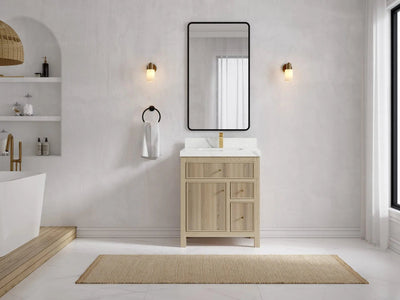 Sonoma 30-inch reeded single-sink bathroom vanity in Nordic White Oak with Calacatta Laza quartz countertop, front room view
