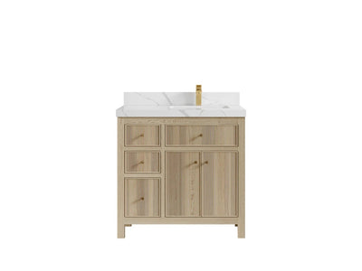 Sonoma Oak 36 in. W x 22 in. D Right Offset Sink Bathroom Vanity in Dark Natural with 2 in. Calacatta Laza Quartz Countertop