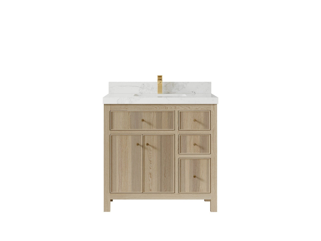 Sonoma Oak 36 in. W x 22 in. D Center Sink Bathroom Vanity in Dark Natural with 2 in. Calacatta Nuvo Quartz Countertop
