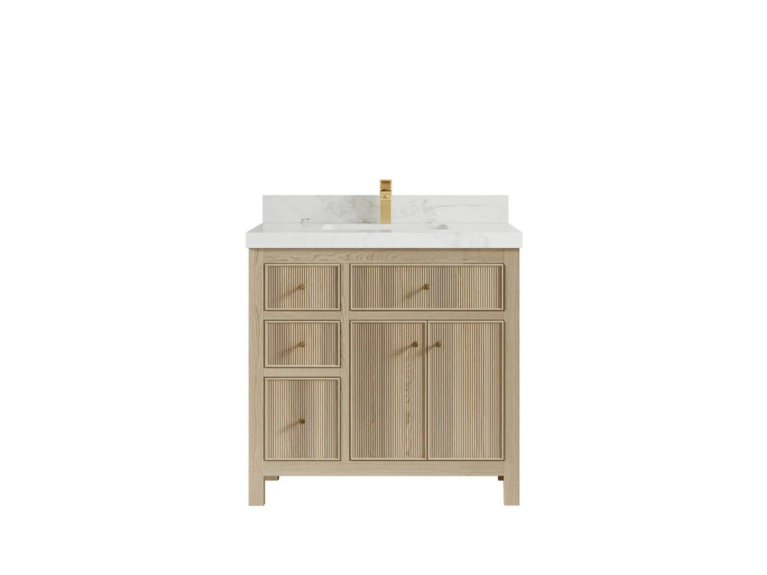 Sonoma Oak 36 in. W x 22 in. D Center Sink Bathroom Vanity in Dark Natural with 2 in. Calacatta Nuvo Quartz Countertop
