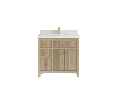 Sonoma Oak 36 in. W x 22 in. D Center Sink Bathroom Vanity in Dark Natural with 2 in. Calacatta Nuvo Quartz Countertop