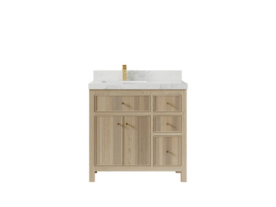 Sonoma Oak 36 in. W x 22 in. D Left Offset Sink Bathroom Vanity in Dark Natural with 2 in. Calacatta Nuvo Quartz Countertop