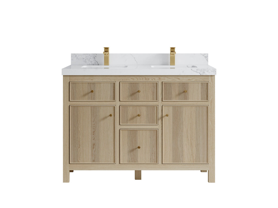 Sonoma Oak 48 in. W x 22 in. D Double Sink Bathroom Vanity in Dark Natural with 2 in. Calacatta Nuvo Quartz Countertop